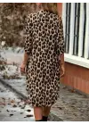 Kadın Uzun Kollu Yakalı önden Düğmeli Leopar Desenli Modal Midi Elbise