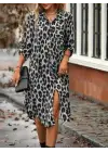 Kadın Uzun Kollu Yakalı önden Düğmeli Leopar Desenli Modal Midi Elbise