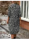 Kadın Uzun Kollu Yakalı önden Düğmeli Leopar Desenli Modal Midi Elbise