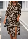Kadın Uzun Kollu Yakalı önden Düğmeli Leopar Desenli Modal Midi Elbise