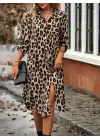 Kadın Uzun Kollu Yakalı önden Düğmeli Leopar Desenli Modal Midi Elbise