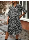 Kadın Uzun Kollu Yakalı önden Düğmeli Leopar Desenli Modal Midi Elbise