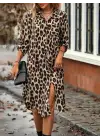 Kadın Uzun Kollu Yakalı önden Düğmeli Leopar Desenli Modal Midi Elbise