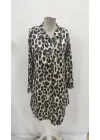 Kadın Uzun Kollu Yakalı önden Düğmeli Leopar Desenli Modal Midi Elbise
