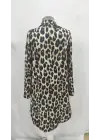 Kadın Uzun Kollu Yakalı önden Düğmeli Leopar Desenli Modal Midi Elbise