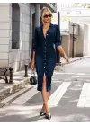 Kadın Uzun Kollu Yakalı önden Düğmeli Midi Kot Elbise
