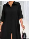Kadın Uzun Kollu Yakalı önden Düğmeli Uzun Dokuma Elbise