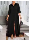 Kadın Uzun Kollu Yakalı önden Düğmeli Uzun Dokuma Elbise