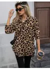 Kadın Uzun Kollu Yakalı önden Düğmeli Yandan Bağcıklı Leopar Desenli Modal Bluz