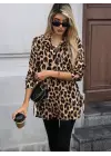 Kadın Uzun Kollu Yakalı önden Düğmeli Yandan Bağcıklı Leopar Desenli Modal Bluz