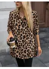 Kadın Uzun Kollu Yakalı önden Düğmeli Yandan Bağcıklı Leopar Desenli Modal Bluz