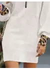 Kadın Uzun Kollu Yakalı önden Fermuarlı Leopar Detaylı Mini Peluş Elbise