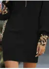 Kadın Uzun Kollu Yakalı önden Fermuarlı Leopar Detaylı Mini Peluş Elbise
