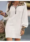 Kadın Uzun Kollu Yakalı önden Fermuarlı Leopar Detaylı Mini Peluş Elbise