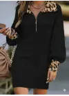 Kadın Uzun Kollu Yakalı önden Fermuarlı Leopar Detaylı Mini Peluş Elbise