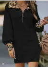 Kadın Uzun Kollu Yakalı önden Fermuarlı Leopar Detaylı Mini Peluş Elbise