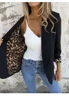 Kadın Uzun Kollu Yakalı önü Açık Leopar Desen Detaylı Astarlı Atlas Ceket