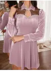 Kadın Uzun Kollu Yakalı Tül Detaylı Incili Mini Kadife Elbise