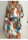 Kadın Uzun Kollu Yakalı Yandan Bağlamalı Mini Desenli Modal Elbise