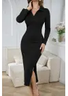 Kadın Uzun Kollu Yakalı Yandan Yırtmaçlı Midi Modal Elbise