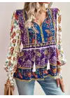 Kadın Uzun Kollu Yakası Açık Bağcıklı çiçek Desenli Salaş Bluz