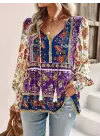 Kadın Uzun Kollu Yakası Açık Bağcıklı çiçek Desenli Salaş Bluz