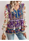 Kadın Uzun Kollu Yakası Açık Bağcıklı çiçek Desenli Salaş Bluz