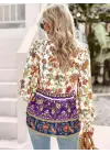 Kadın Uzun Kollu Yakası Açık Bağcıklı çiçek Desenli Salaş Bluz