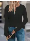 Kadın Uzun Kollu Yakası Açık Fermuarlı Viskon Bluz