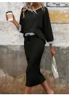 Kadın Uzun Kollu Yakası Açık şardonlu Kaşkorse Bluz Ve Eteği Bağcıklı Ikili Takım