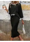 Kadın Uzun Kollu Yakası Açık şardonlu Kaşkorse Bluz Ve Eteği Bağcıklı Ikili Takım