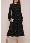 Kadın Uzun Kollu Yakası Bağcıklı Uzun Puantiyeli Krep Maxi Elbise