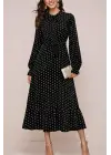 Kadın Uzun Kollu Yakası Bağcıklı Uzun Puantiyeli Krep Maxi Elbise