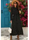 Kadın Uzun Kollu Yakası Bağcıklı Uzun Puantiyeli Krep Maxi Elbise