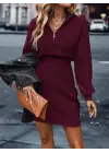 Kadın Uzun Kollu Yakası Fermuarlı Mini Triko Elbise