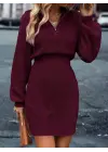 Kadın Uzun Kollu Yakası Fermuarlı Mini Triko Elbise