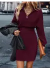 Kadın Uzun Kollu Yakası Fermuarlı Mini Triko Elbise