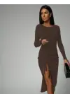 Kadın Uzun Kollu Yandan Büzgülü Yırtmaç Detay Kaşkorse Midi Boy Elbise