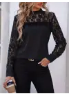 Kadın Uzun Kollu Yarı Balıkçı Yaka Dantelli Sandy Bluz