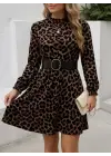 Kadın Uzun Kollu Yarı Balıkçı Yaka Leopar Desenli Kadife Elbise