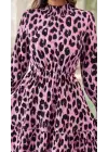Kadın Uzun Kollu Yarı Balıkçı Yaka Leopar Desenli Modal Mini Elbise