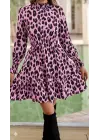 Kadın Uzun Kollu Yarı Balıkçı Yaka Leopar Desenli Modal Mini Elbise