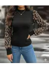 Kadın Uzun Kollu Yarı Balıkçı Yaka Leopar Detaylı Kaşkorse Bluz
