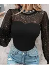 Kadın Uzun Kollu Yarı Balıkçı Yaka Taşlı Sandy Bluz