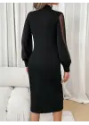 Kadın Uzun Kollu Yarı Balıkçı Yaka Tül Ve Inci Detaylı Kısa Ithal Krep Midi Elbise