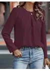 Kadın Uzun Kollu Yuvarlak önden Pileli Ithal Krep Bluz