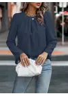 Kadın Uzun Kollu Yuvarlak önden Pileli Ithal Krep Bluz