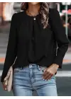 Kadın Uzun Kollu Yuvarlak önden Pileli Ithal Krep Bluz