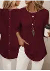 Kadın Uzun Kollu Yuvarlak Yaka Arkadan Düğmeli Waffle Bluz
