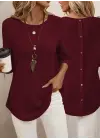 Kadın Uzun Kollu Yuvarlak Yaka Arkadan Düğmeli Waffle Bluz